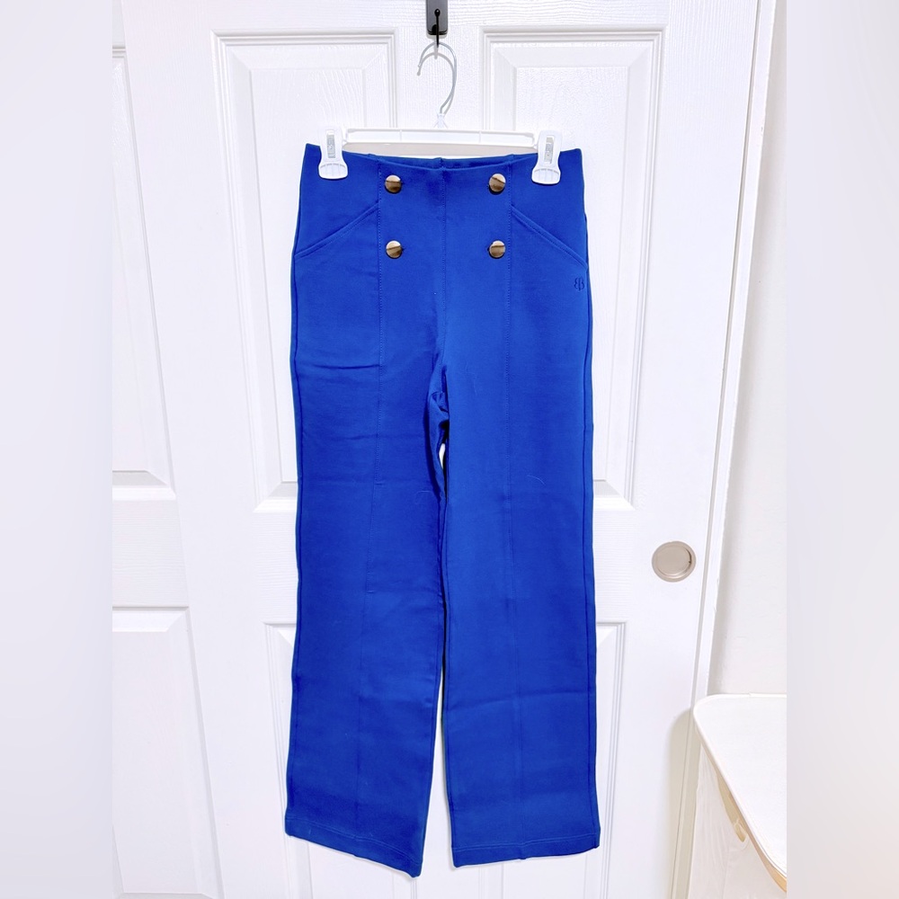 Betabrand Blue High-Waisted Pants with Button Accents